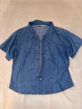 Vintage G. S. Denim Button Down 100% Cotton Short Sleeve Shirt Size Medium